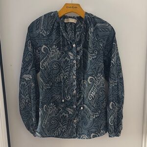 Michael Kors Blue, Navy & White Paisley Button-Up Blouse